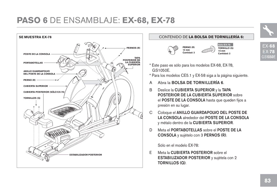 Horizon Fitness CE5.1, GS1050E, EX-58 owner manual Paso 6 DE Ensamblaje EX-68, EX-78 