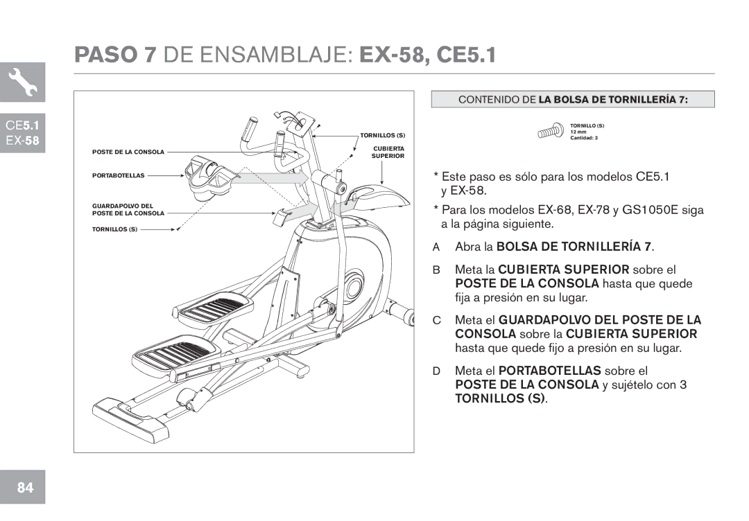 Horizon Fitness EX-68, GS1050E, EX-78 owner manual Paso 7 DE Ensamblaje EX-58, CE5.1 