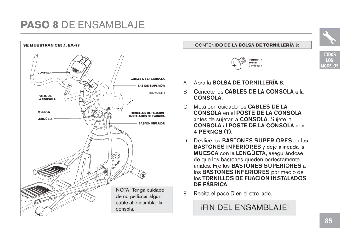 Horizon Fitness EX-68, GS1050E, EX-78, CE5.1, EX-58 owner manual Paso 8 DE Ensamblaje, Consola 