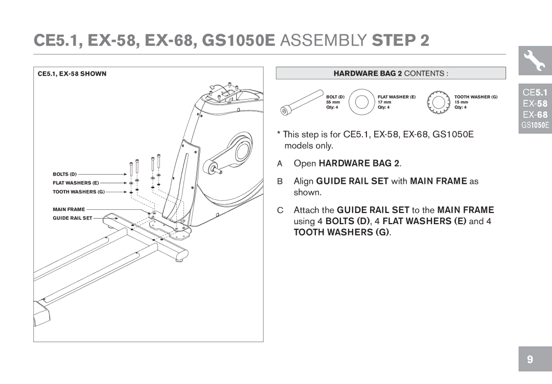 Horizon Fitness EX-78 owner manual CE5.1, EX-58, EX-68, GS1050E Assembly Step 