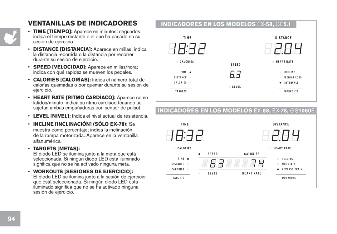 Horizon Fitness EX-58, EX-68, GS1050E, EX-78, CE5.1 owner manual Ventanillas de indicadores 