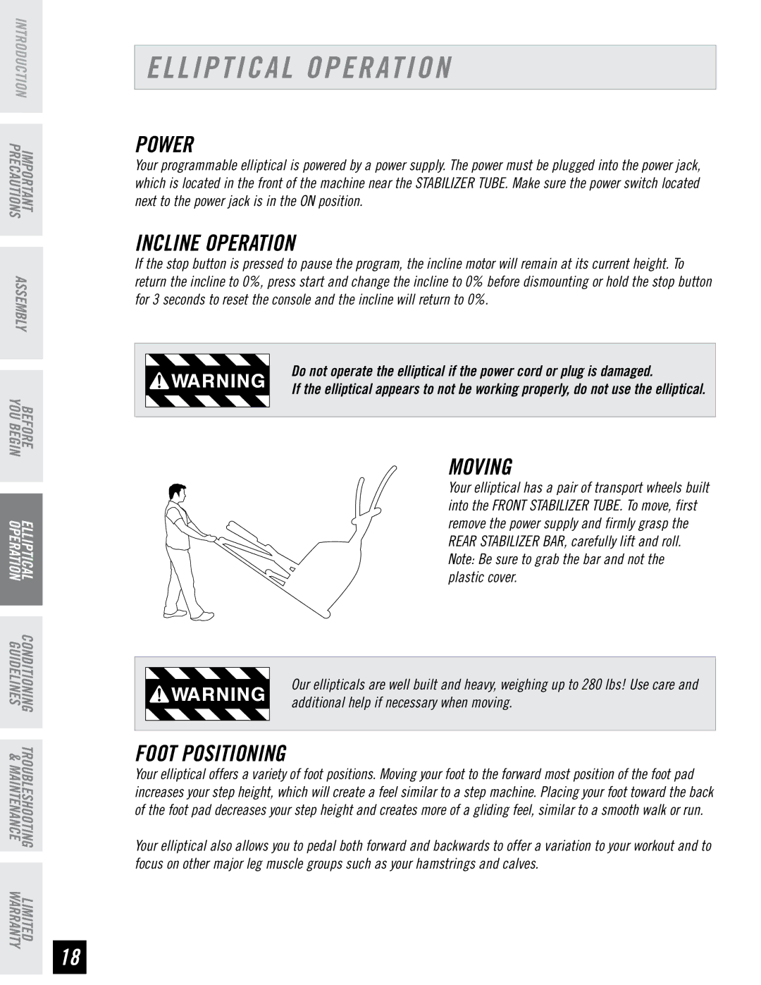 Horizon Fitness EX-76 manual Elliptical Operation, Power, Incline Operation, Moving, Foot Positioning 