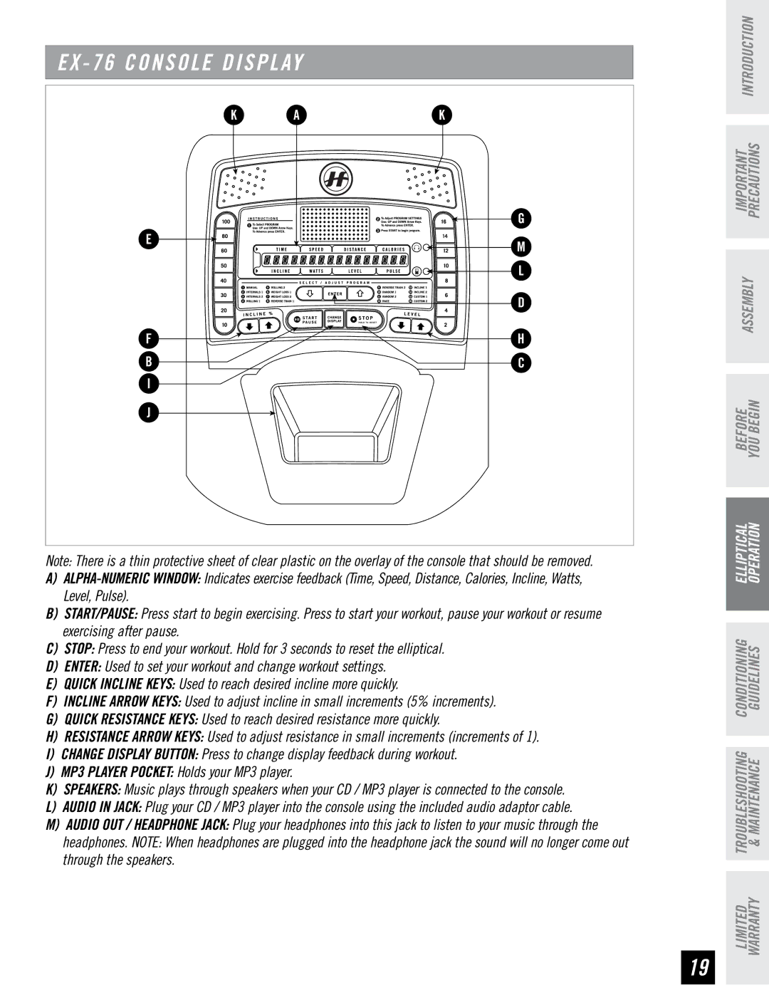 Horizon Fitness EX-76 manual EX 76 Console Display 