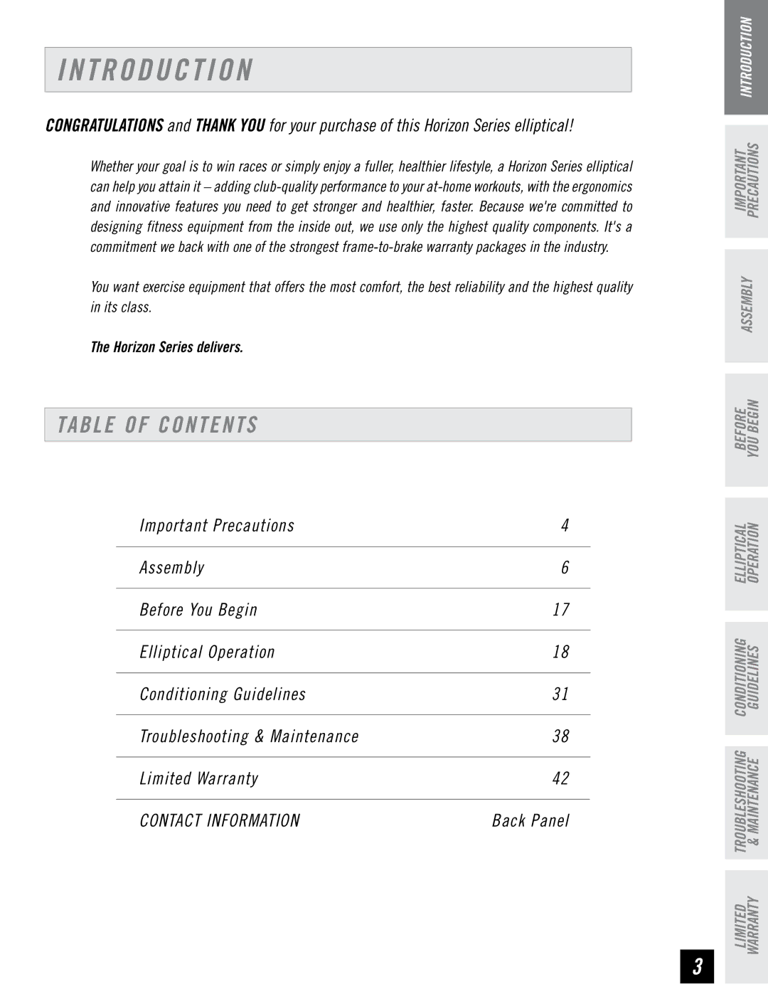 Horizon Fitness EX-76 manual T R O D U C T I O N, Table of Contents 