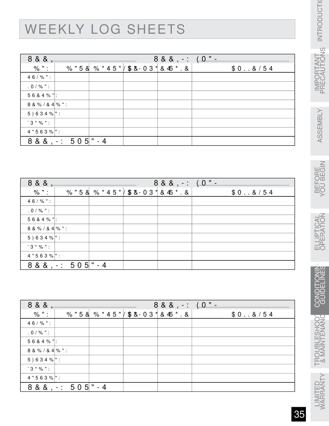 Horizon Fitness EX-76 manual Weekly LOG Sheets 