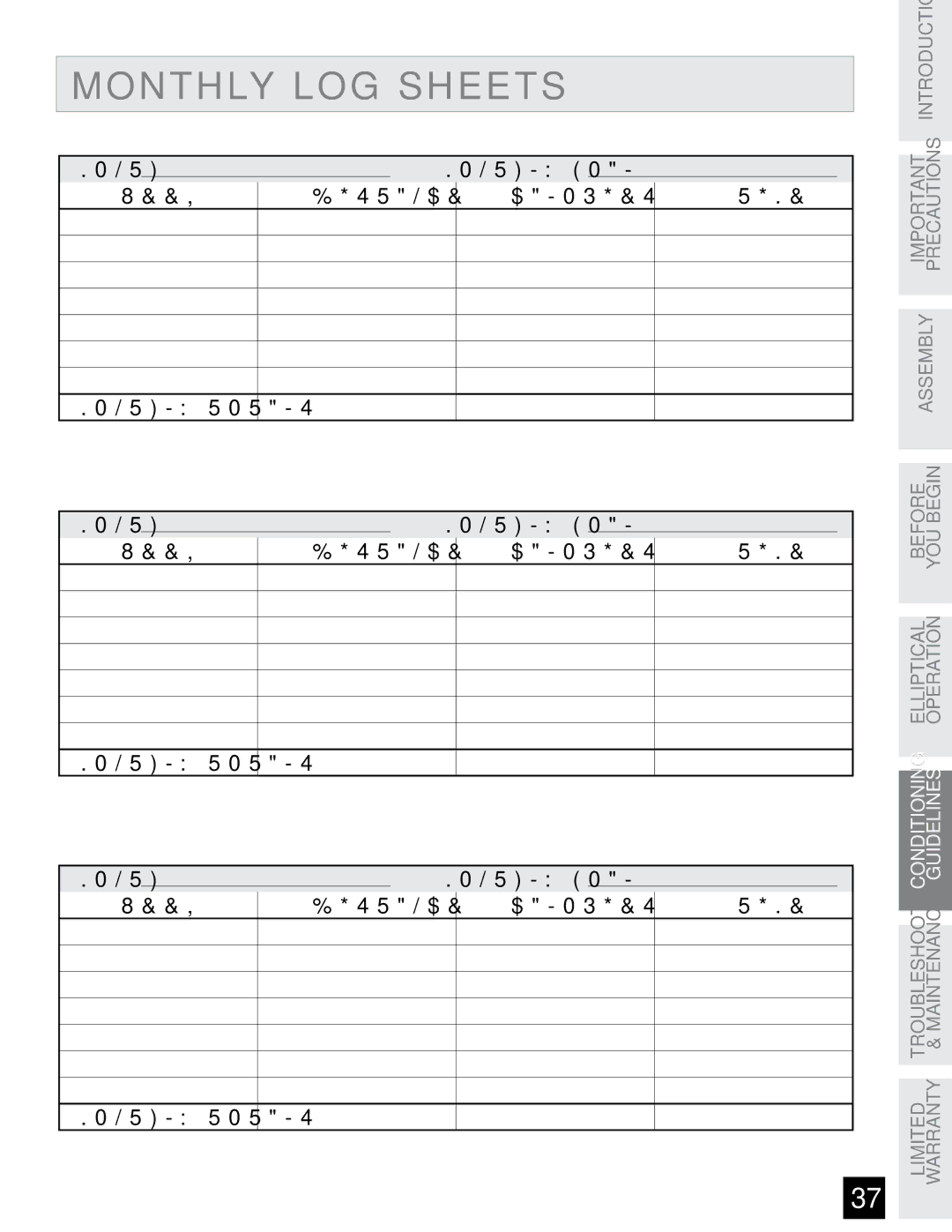 Horizon Fitness EX-76 manual Monthly LOG Sheets 