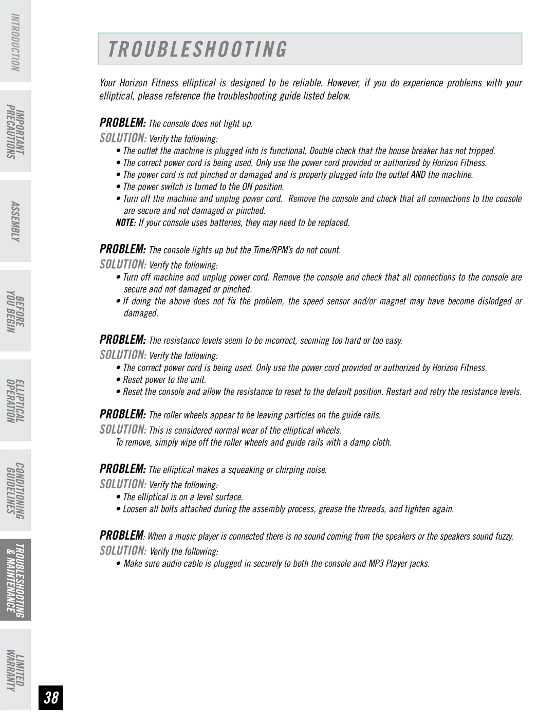 Horizon Fitness EX-76 manual Troubleshooting, Reset power to the unit 