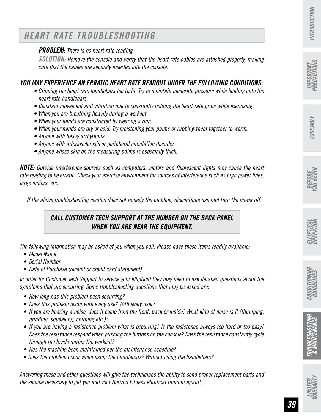 Horizon Fitness EX-76 manual Heart Rate Troubleshooting, When YOU are Near the Equipment 