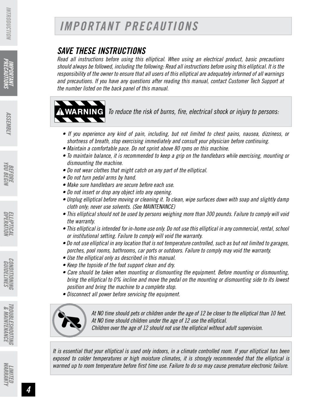 Horizon Fitness EX-76 manual Important Precautions, Disconnect all power before servicing the equipment 