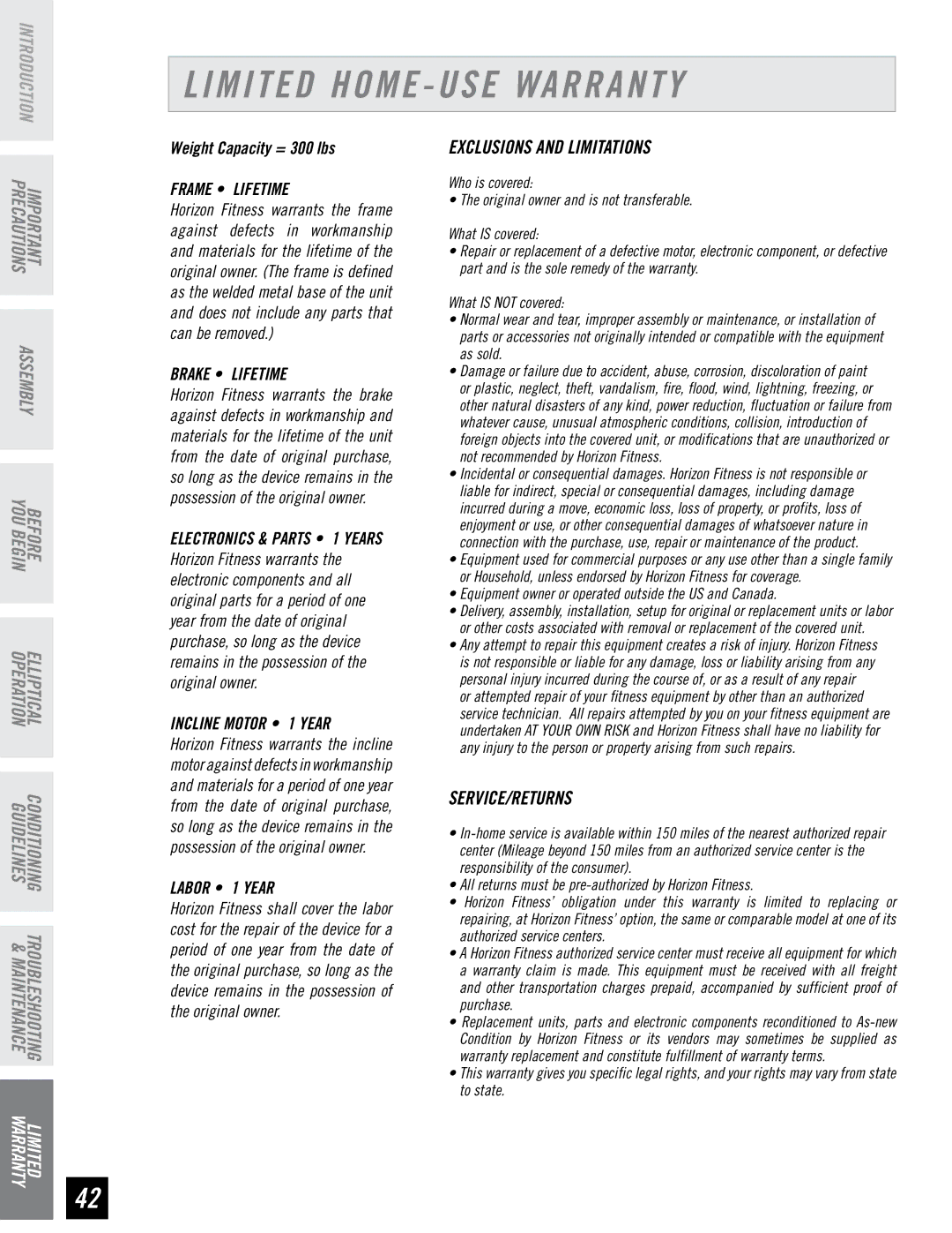 Horizon Fitness EX-76 manual Limited Home USE Warranty, Frame Lifetime 