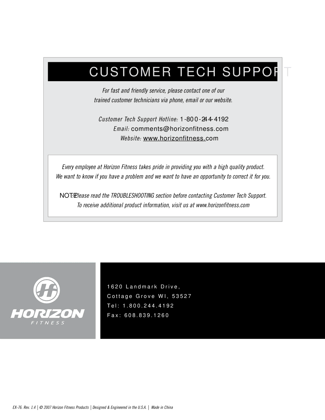 Horizon Fitness EX-76 manual Customer Tech Support 