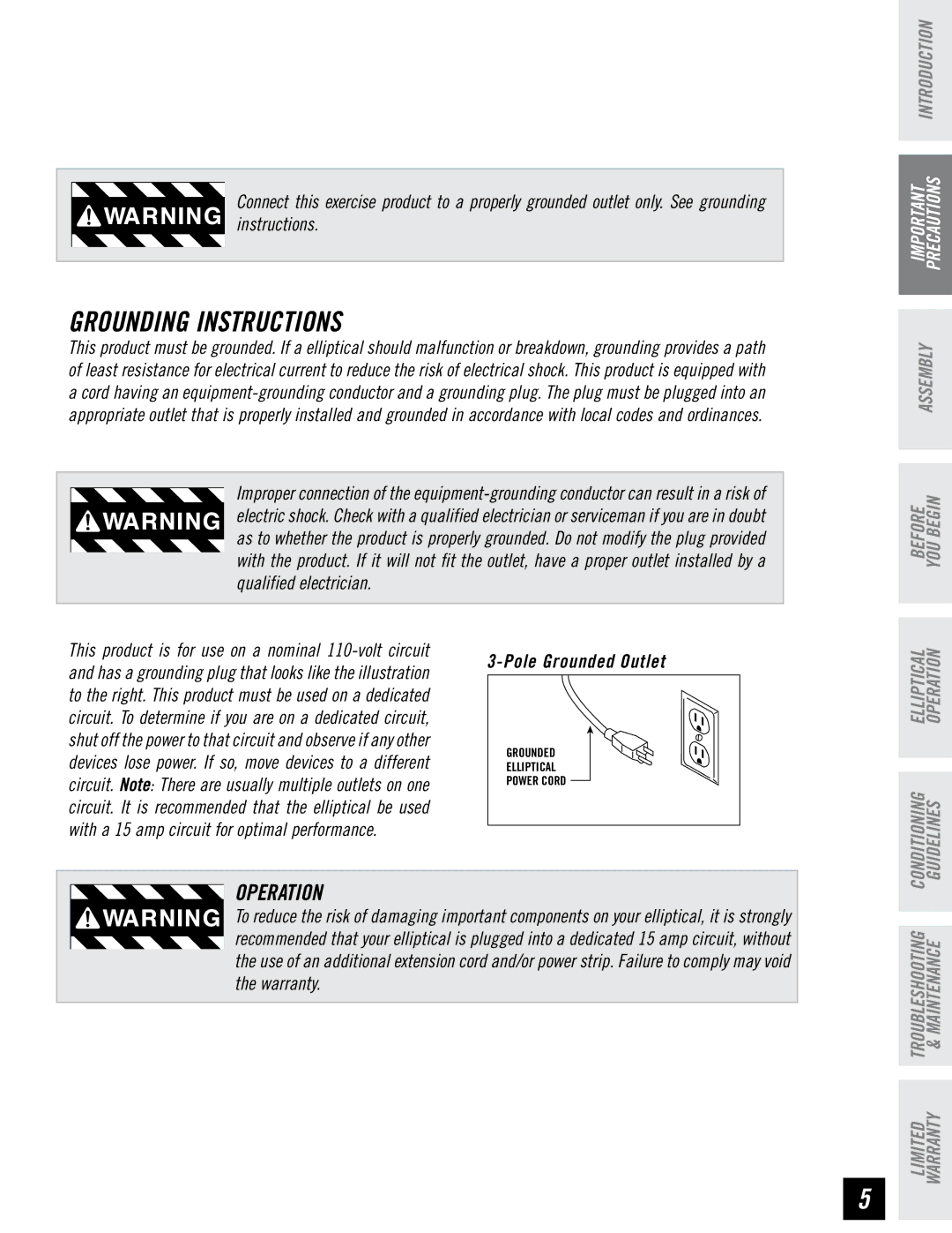 Horizon Fitness EX-76 manual Grounding Instructions, Operation 