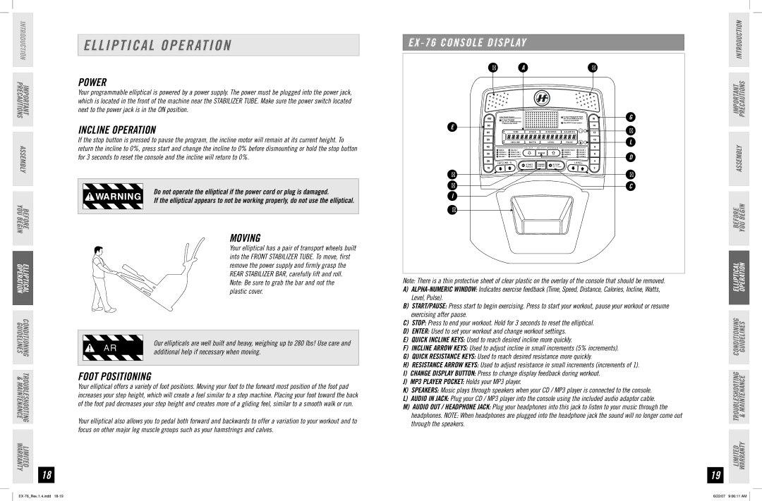 Horizon Fitness EX-76 manual Elliptical Operation, Power, Incline Operation, Moving, Foot Positioning 