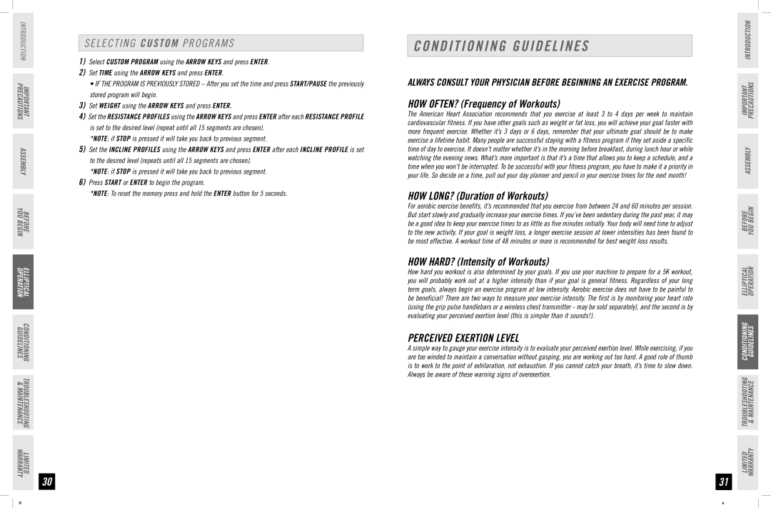 Horizon Fitness EX-76 manual Conditioning Guidelines, Selecting C U S T O M Programs, Perceived Exertion Level 