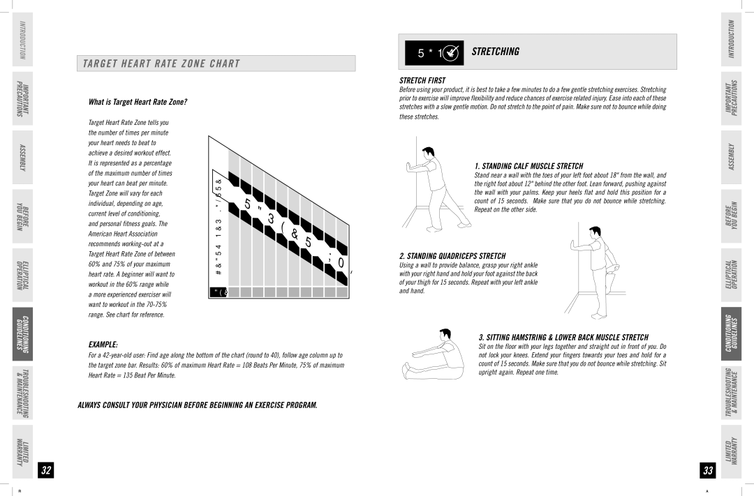 Horizon Fitness EX-76 manual Target Heart Rate Zone Chart, Stretch First, Standing Calf Muscle Stretch, Example 