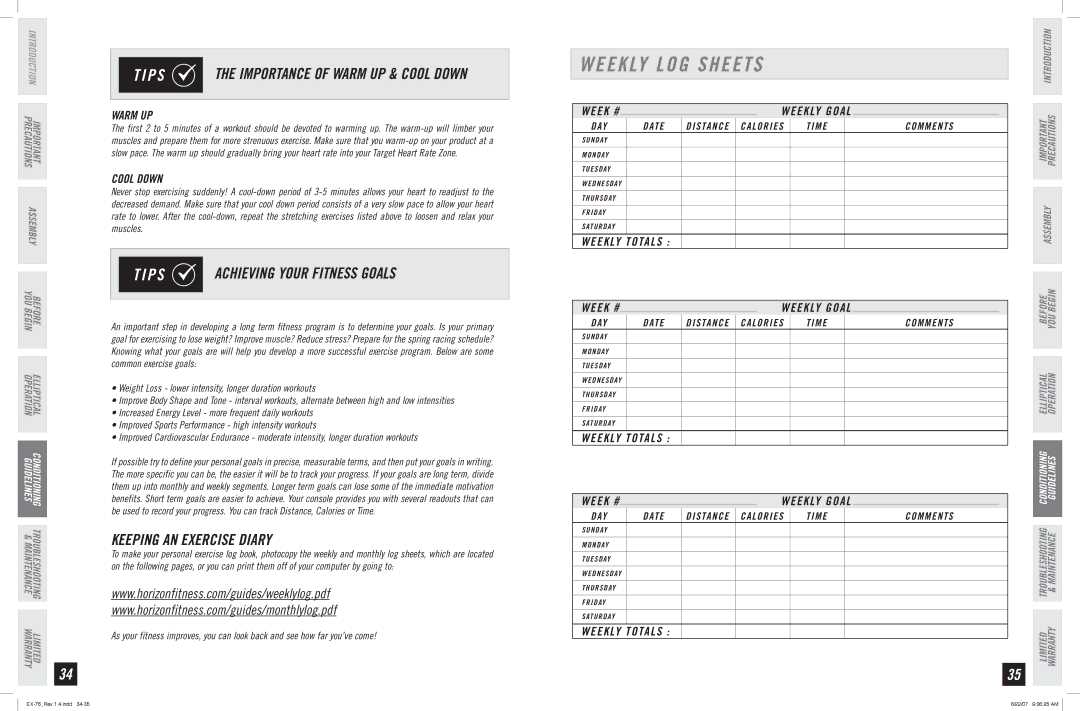 Horizon Fitness EX-76 manual Weekly LOG Sheets, Achieving Your Fitness Goals, Keeping AN Exercise Diary 