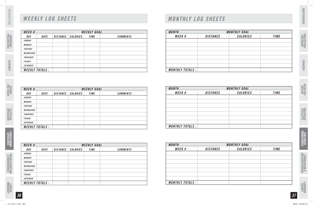 Horizon Fitness EX-76 manual Monthly LOG Sheets, 5 / $ $ 0 3  5 0 5 4   