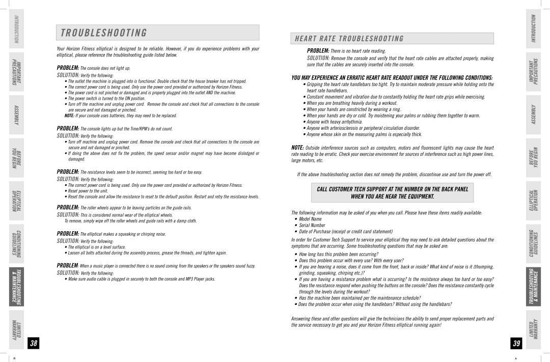 Horizon Fitness EX-76 manual Heart Rate Troubleshooting, When YOU are Near the Equipment 