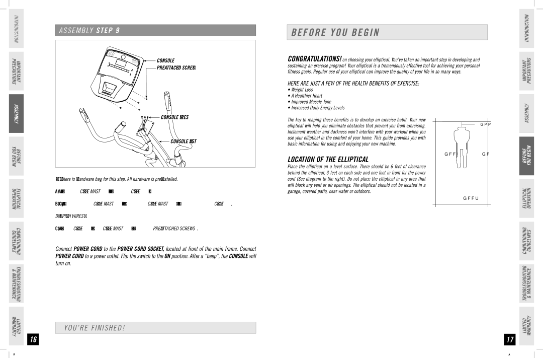 Horizon Fitness EX-76 manual Before YOU Begin, YOU’RE Finished, Location of the Elliptical 