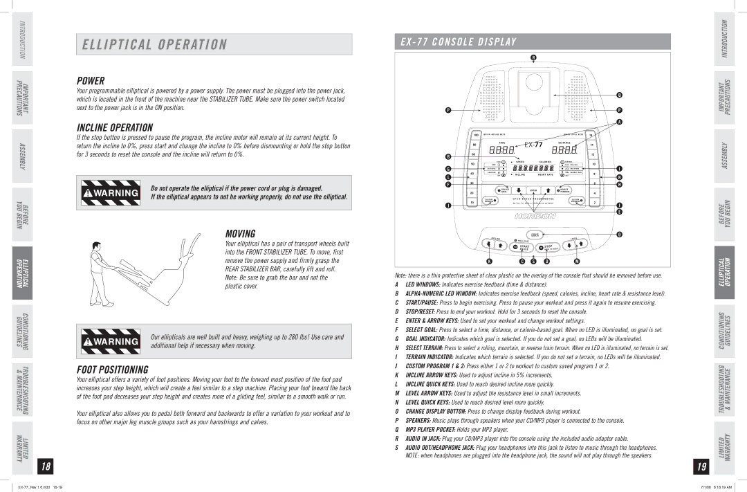 Horizon Fitness EX-77 manual Elliptical Operation, Power, Incline Operation, Moving, Foot Positioning 