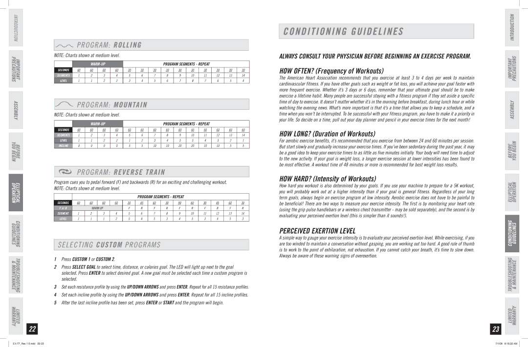 Horizon Fitness EX-77 manual Conditioning Guidelines, Program Rolling, Program Mountain, Program Reverse Train 