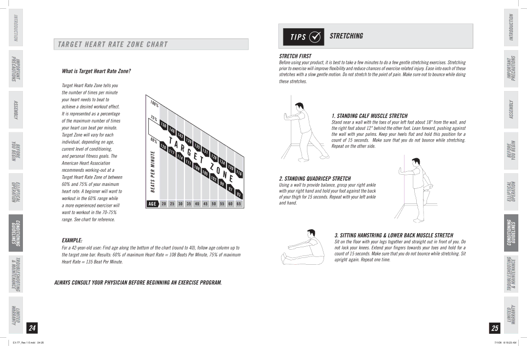 Horizon Fitness EX-77 manual Target Heart Rate Zone Chart, Stretch First, Standing Calf Muscle Stretch, Example 