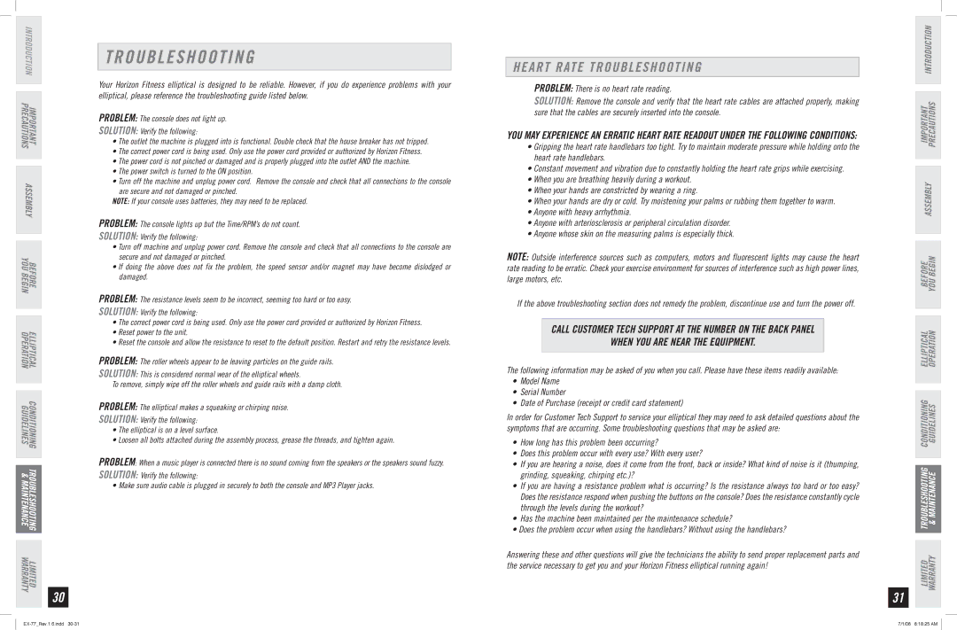 Horizon Fitness EX-77 manual Heart Rate Troubleshooting, When YOU are Near the Equipment 