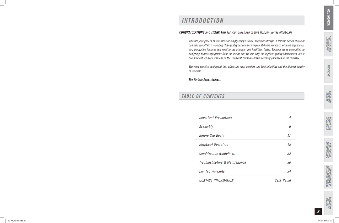 Horizon Fitness EX-77 manual T R O D U C T I O N, Table of Contents 