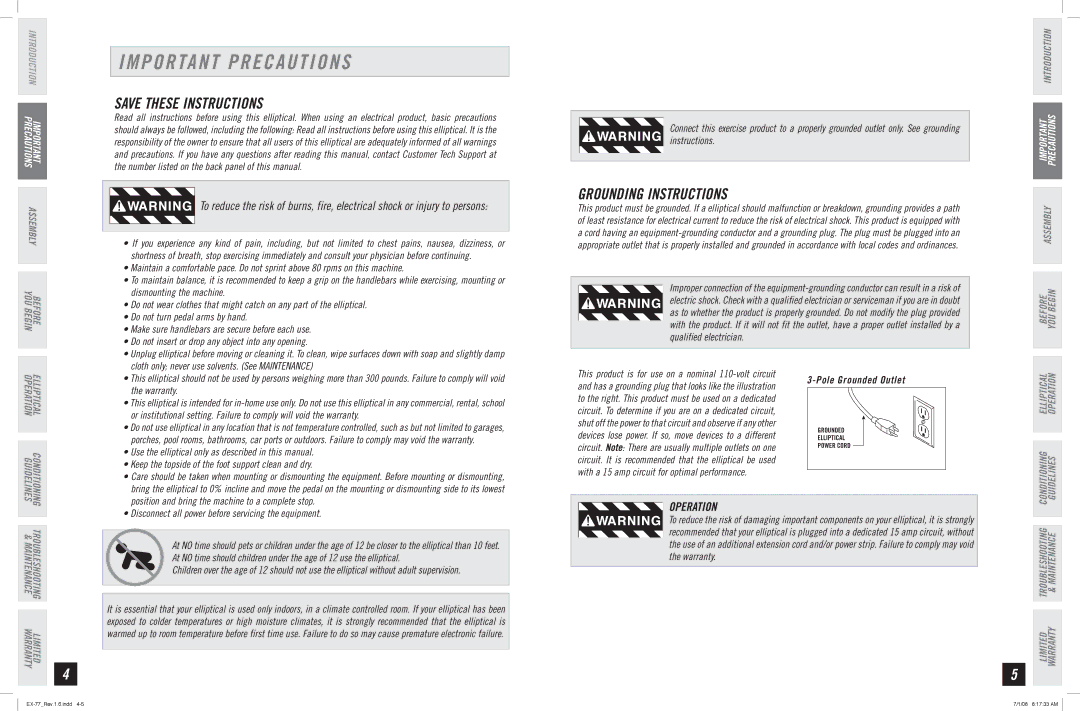 Horizon Fitness EX-77 manual Important Precautions, Grounding Instructions, Operation 