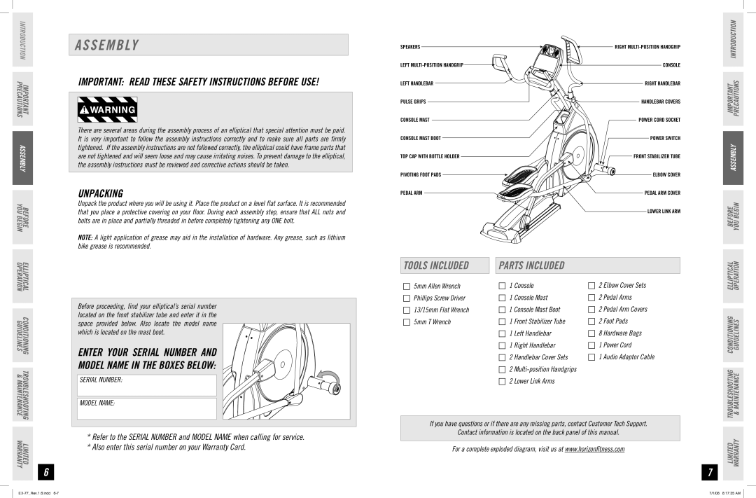 Horizon Fitness EX-77 manual S E M B Ly, Unpacking, Tools Included, Parts Included 