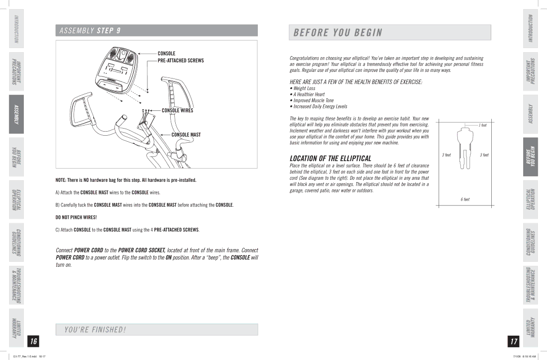 Horizon Fitness EX-77 manual Before YOU Begin, YOU’RE Finished, Location of the Elliptical 