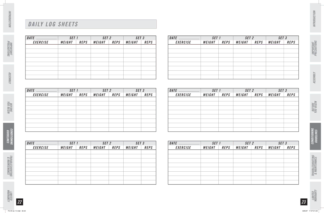 Horizon Fitness FS 40 manual Daily LOG Sheets, Exercise Weight Reps 