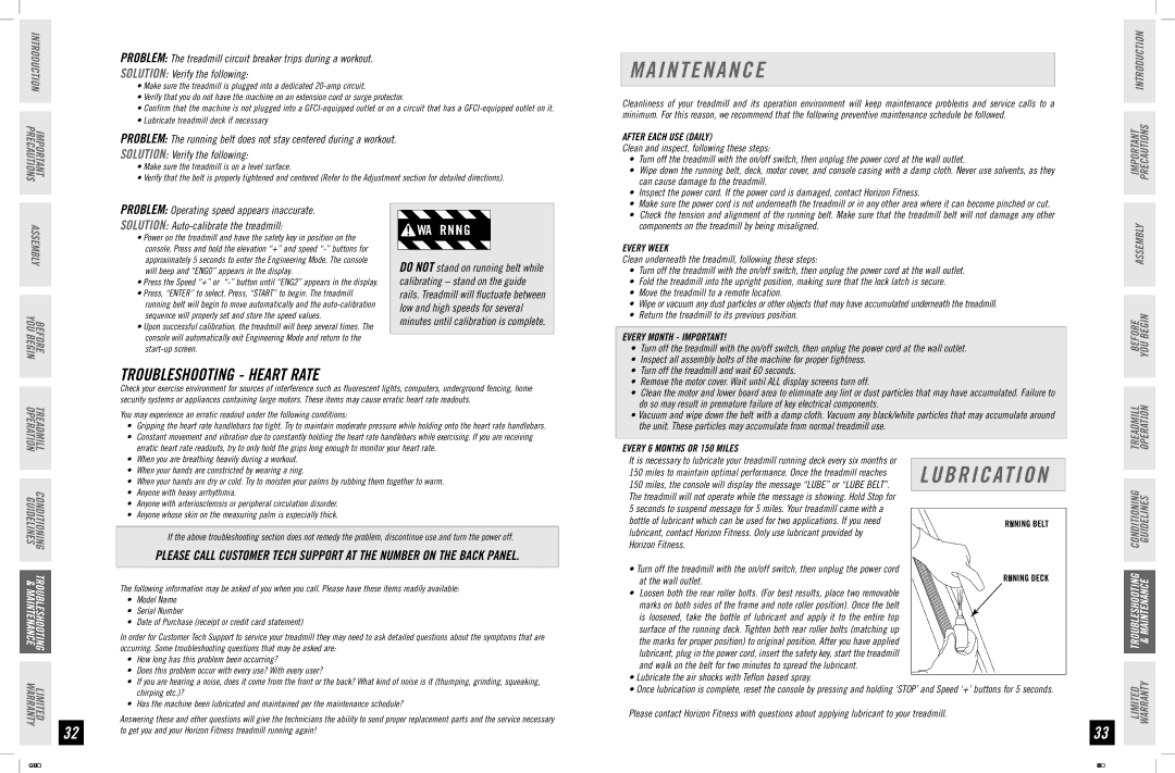 Horizon Fitness GS 1035T manual I N T E N a N C E, B R I C At I O N, Troubleshooting Heart Rate 