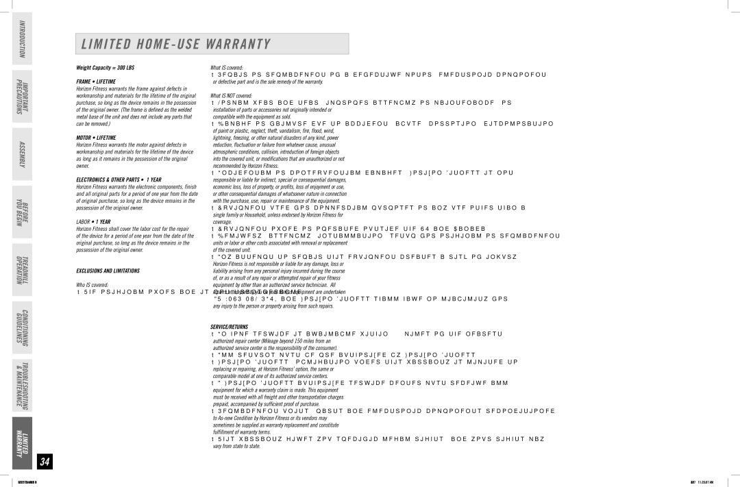 Horizon Fitness GS 1035T manual Limited Home USE Warranty, Frame Lifetime 