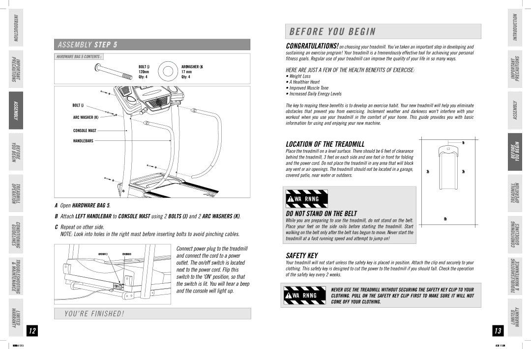 Horizon Fitness GS 1035T manual Before YOU Begin, Location of the Treadmill, YOU’RE Finished, Safety KEY 