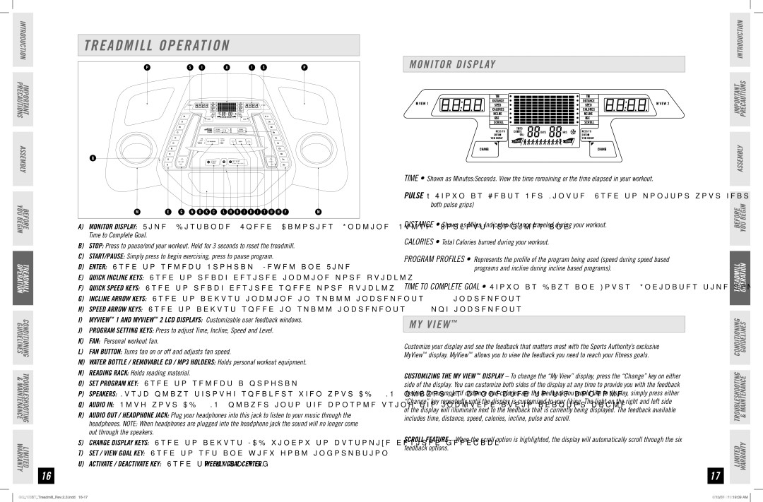 Horizon Fitness GS 1035T manual Treadmill Operation, Monitor Display, MY View 