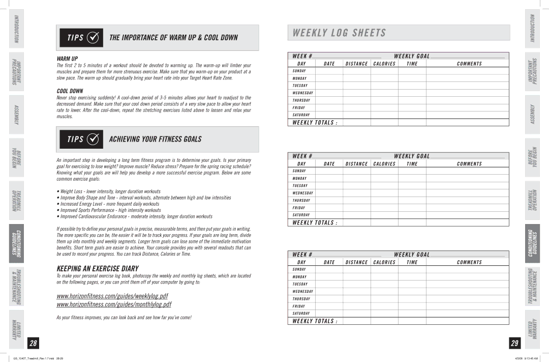 Horizon Fitness GS 1040T manual Weekly LOG Sheets, P S Achieving Your Fitness Goals, Keeping AN Exercise Diary 