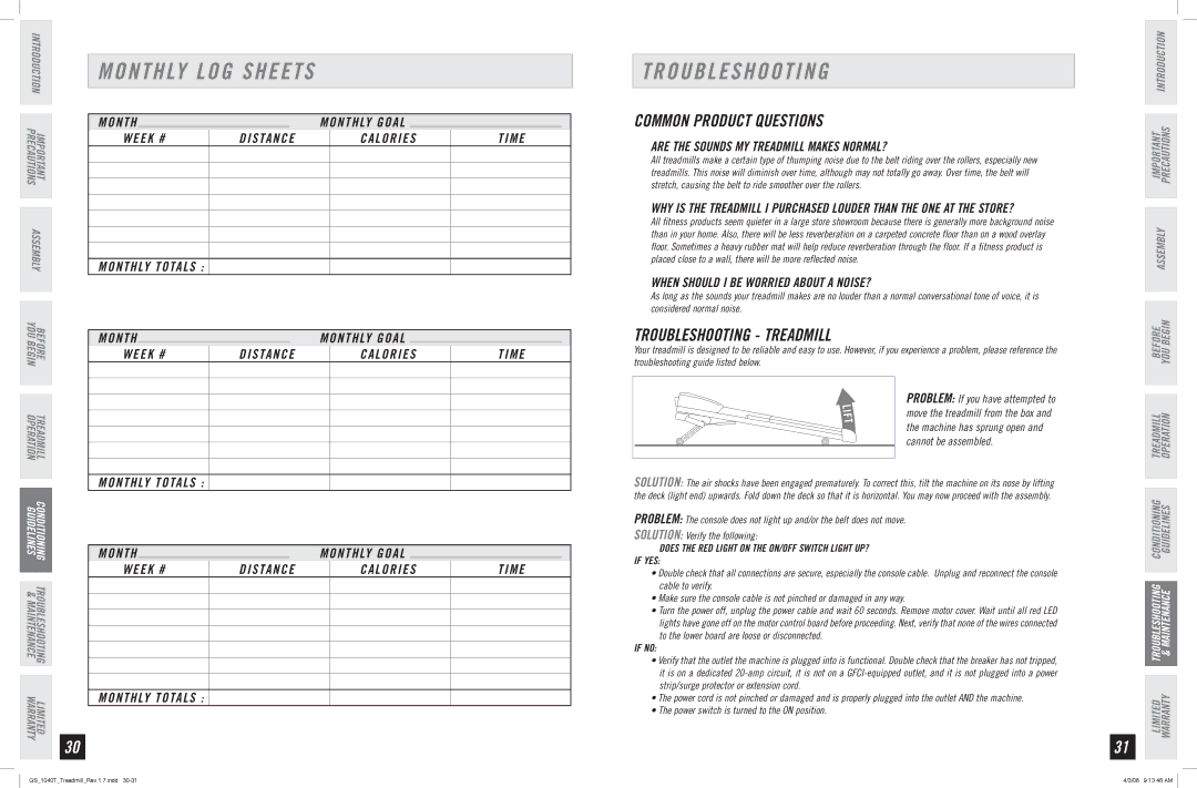 Horizon Fitness GS 1040T manual Monthly LOG Sheets, Common Product Questions, Troubleshooting Treadmill 