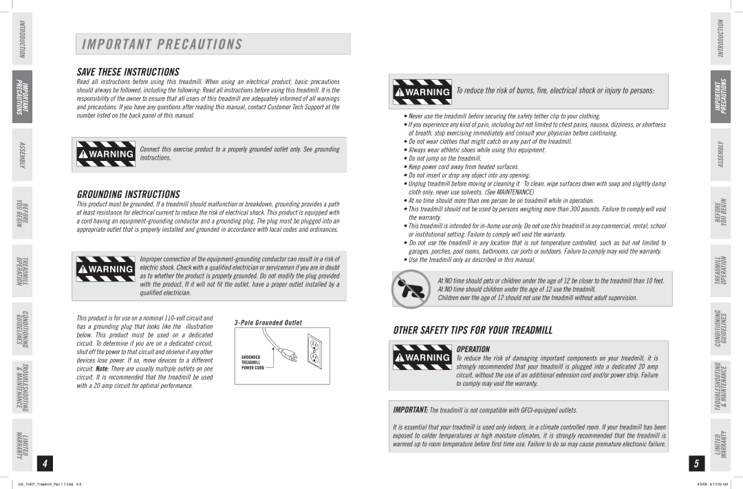 Horizon Fitness GS 1040T manual Important Precautions, Grounding Instructions, Operation 