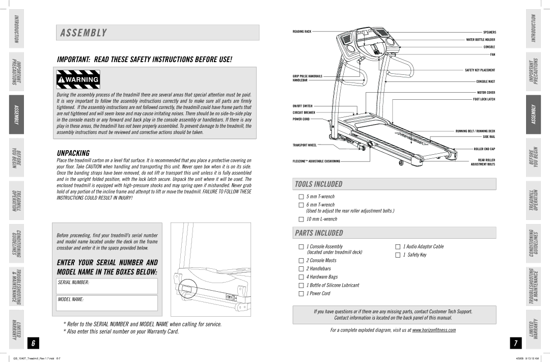 Horizon Fitness GS 1040T manual S E M B Ly, Unpacking, Tools Included, Parts Included, Console Assembly 