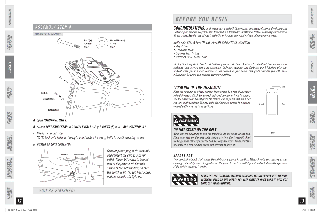 Horizon Fitness GS 1040T manual Before YOU Begin, Location of the Treadmill, YOU’RE Finished, Safety KEY 