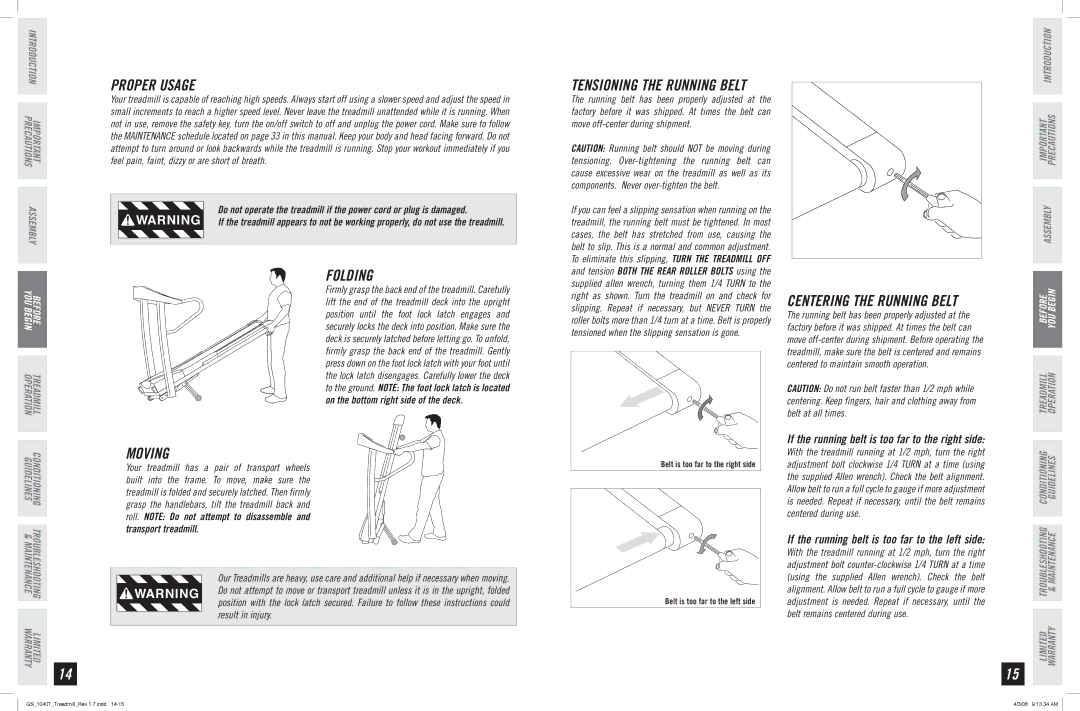 Horizon Fitness GS 1040T manual Proper Usage, Folding, Moving 