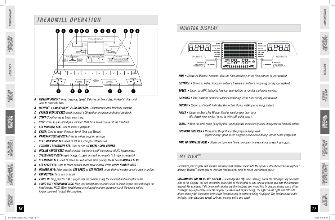 Horizon Fitness GS 1040T manual Treadmill Operation, Monitor Display, MY View 