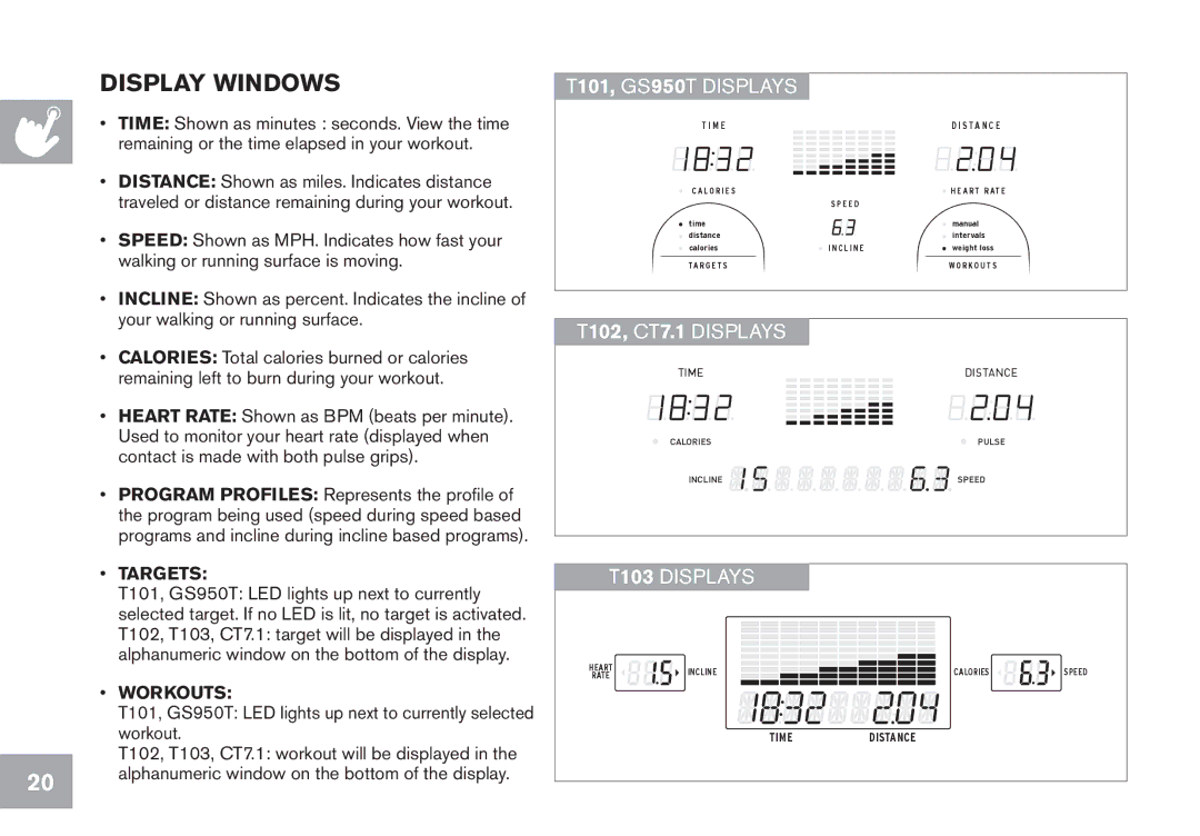 Horizon Fitness CT7.1, T102, T103 owner manual Display windows, T101, GS950T Displays 