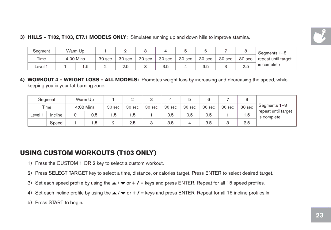 Horizon Fitness GS950T, CT7.1, T102 owner manual Using custom workouts T103 only 