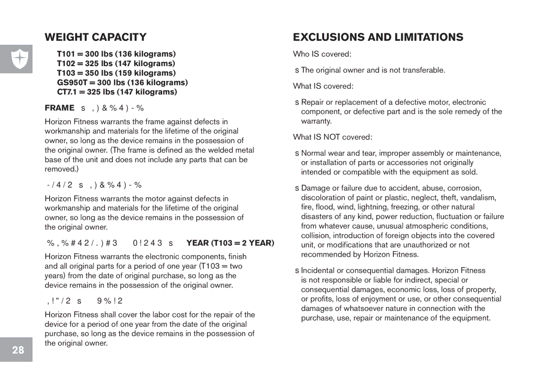 Horizon Fitness GS950T, CT7.1 Weight Capacity Exclusions and Limitations, Frame Lifetime, Motor Lifetime, Labor 1 Year 