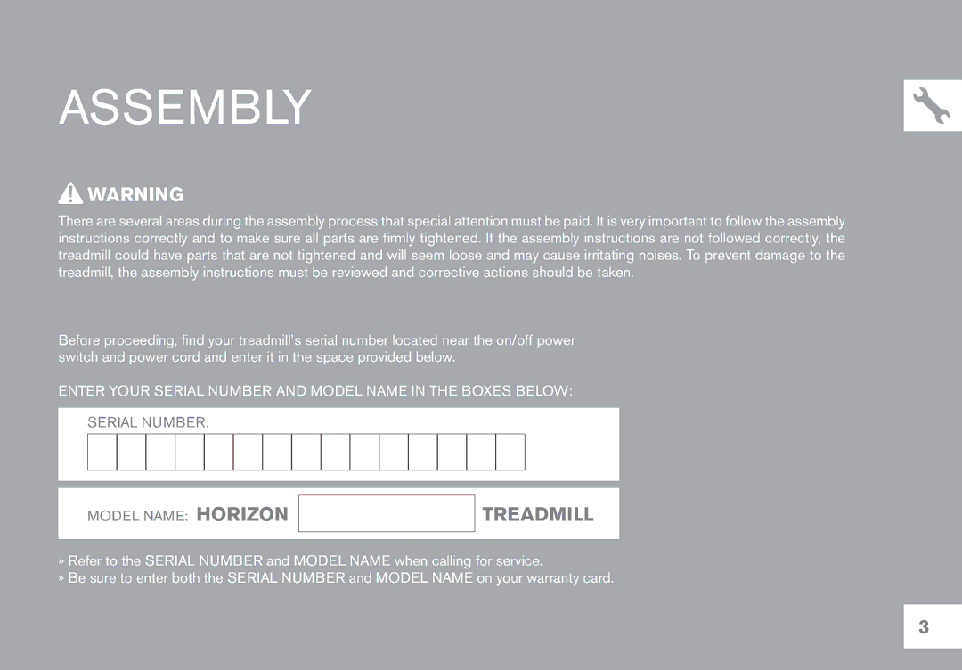 Horizon Fitness T103, GS950T, CT7.1, T102 owner manual Assembly 