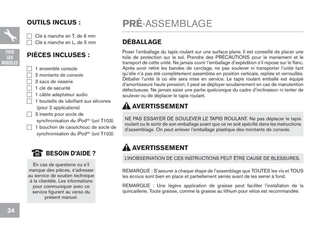 Horizon Fitness T102, GS950T, CT7.1, T103 owner manual Pré-Assemblage 