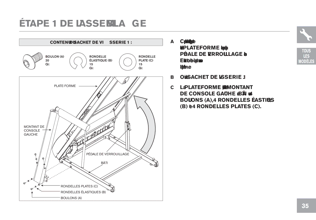 Horizon Fitness T103, GS950T, CT7.1, T102 owner manual Étape 1 DE L’ASSEMBLAGE, Contenu DU Sachet DE Visserie 