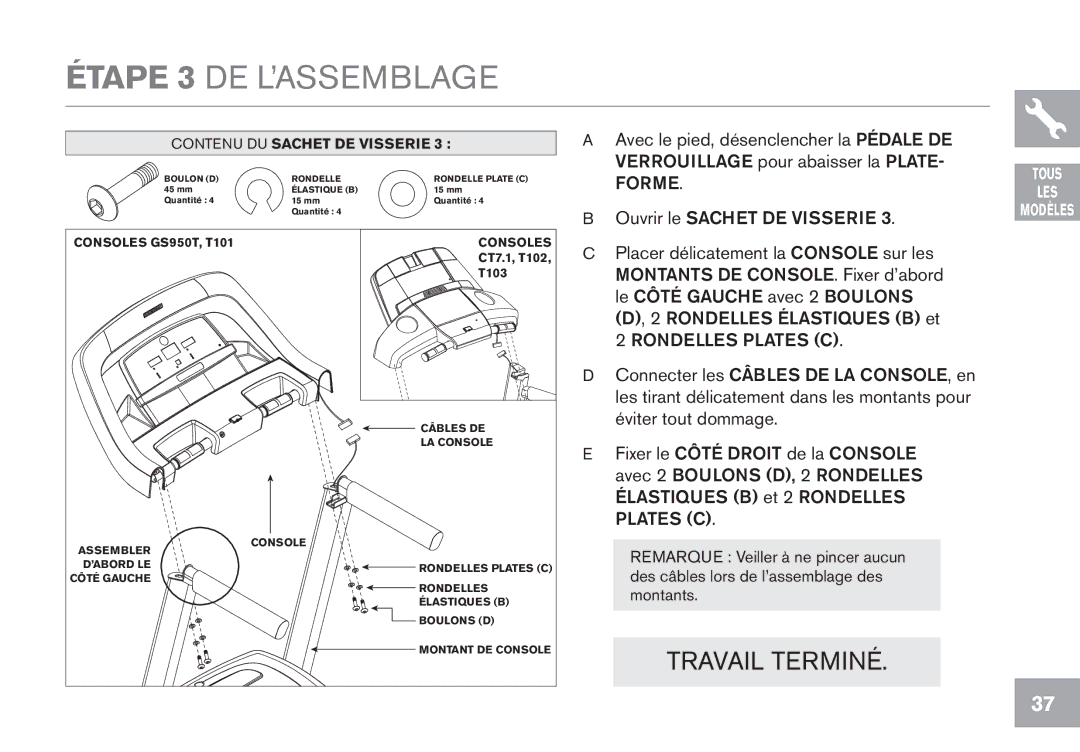 Horizon Fitness CT7.1, GS950T, T102, T103 owner manual Étape 3 DE L’ASSEMBLAGE, PlateS C 